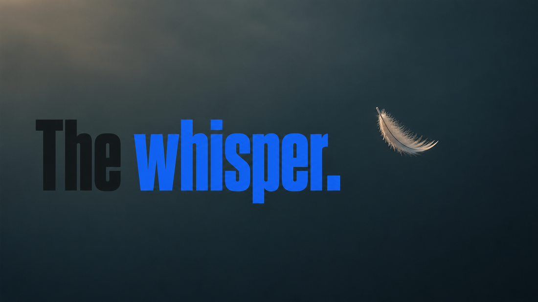 The whisper — a single white feather drifts slowly through a deep blue-gray sky, soft diffused light catching its edges in the otherwise empty open space.