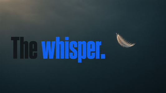 The whisper — a single white feather drifts slowly through a deep blue-gray sky, soft diffused light catching its edges in the otherwise empty open space.