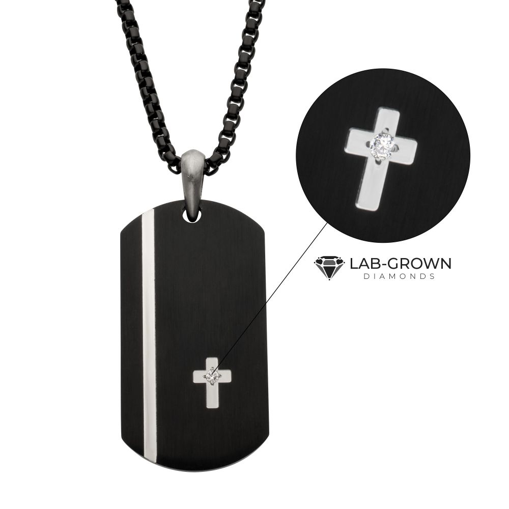 Men's Black IP Steel Dog Tag Pendant with Solitaire Accented 2mm Clear Lab-Grown Diamond Cross