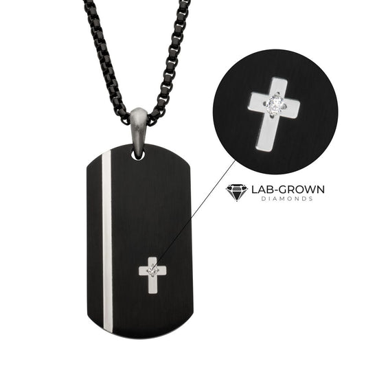 Men's Black IP Steel Dog Tag Pendant with Solitaire Accented 2mm Clear Lab-Grown Diamond Cross