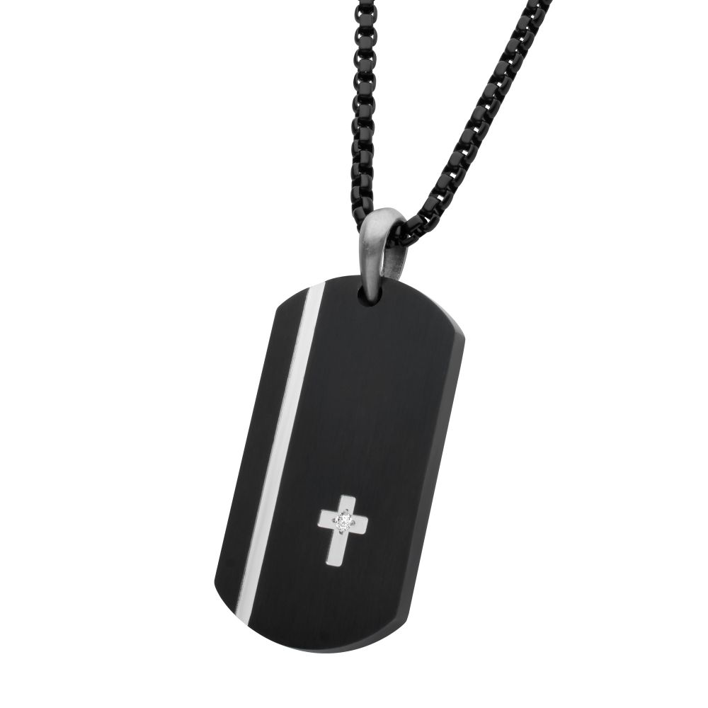 Men's Black IP Steel Dog Tag Pendant with Solitaire Accented 2mm Clear Lab-Grown Diamond Cross