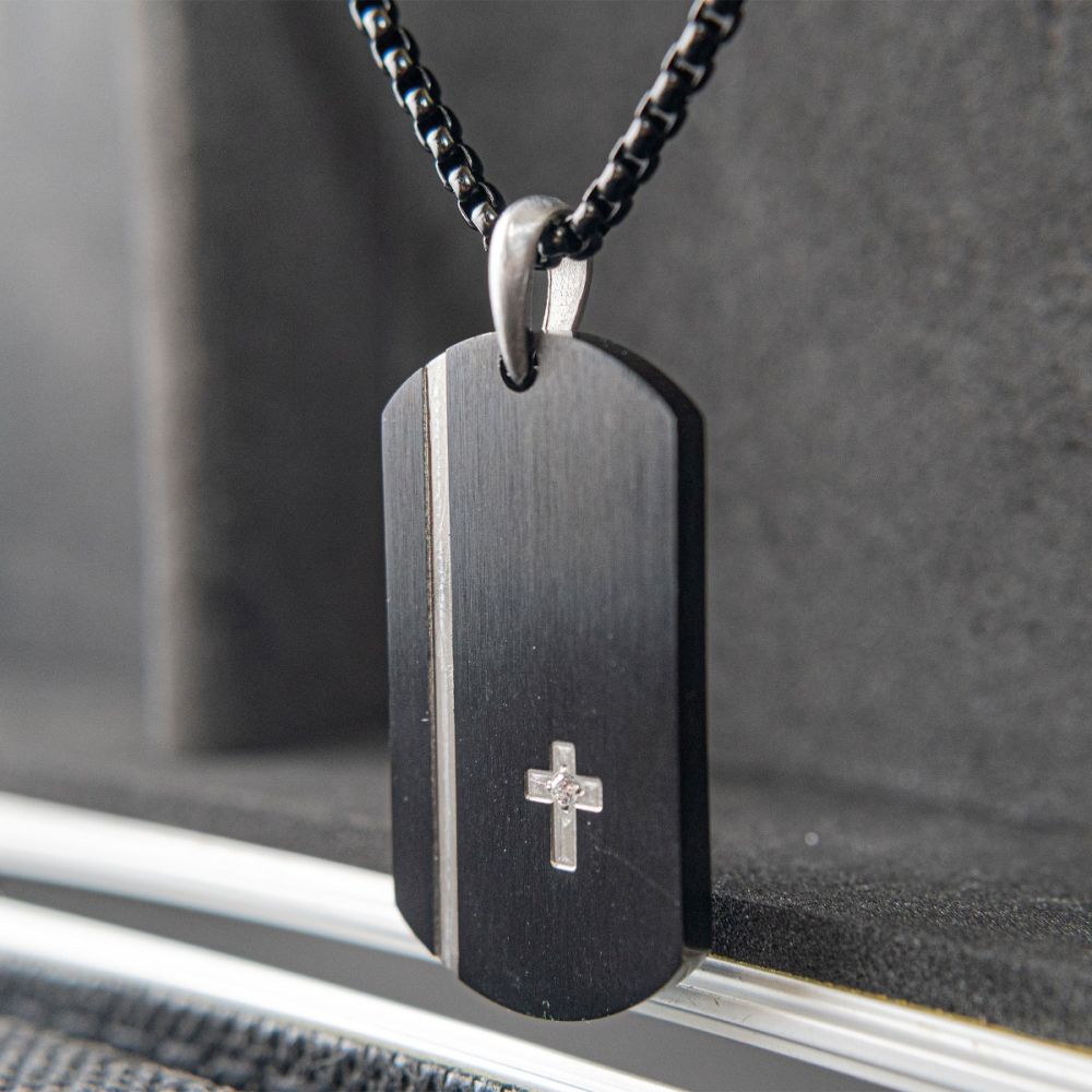 Men's Black IP Steel Dog Tag Pendant with Solitaire Accented 2mm Clear Lab-Grown Diamond Cross