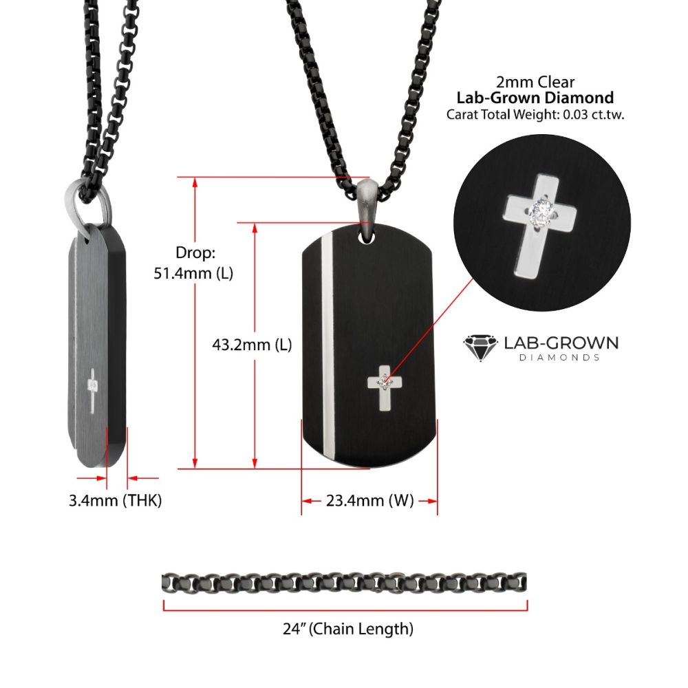 Men's Black IP Steel Dog Tag Pendant with Solitaire Accented 2mm Clear Lab-Grown Diamond Cross
