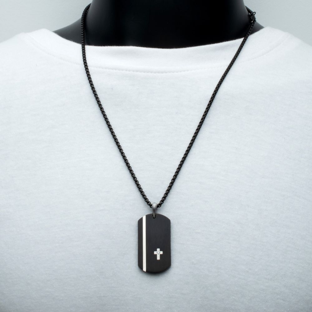 Men's Black IP Steel Dog Tag Pendant with Solitaire Accented 2mm Clear Lab-Grown Diamond Cross